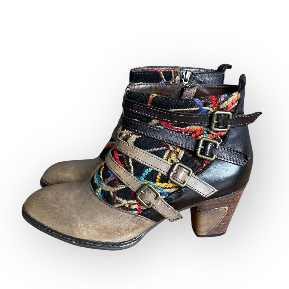 Multicolor Patterned Leather & Suede Ankle Booties with Buckle Straps - Picture 3 of 9